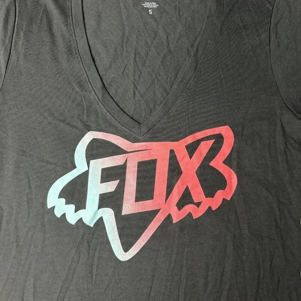 Fox Racing Women Top Black T-Shirt Logo Graphic Short Sleeve V Neck - Picture 3 of 16